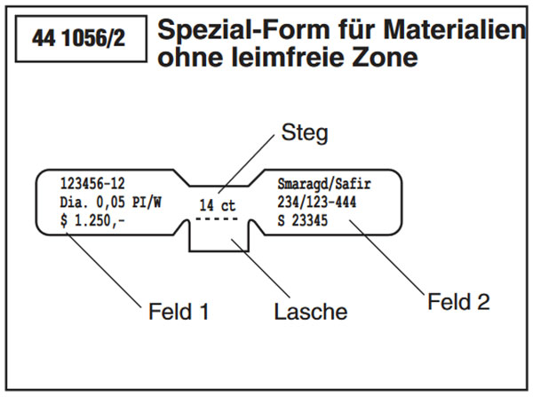 Hantel Etikett mit Stegklappe fuer leimfreie Stege bei vollbeleimten Materialien