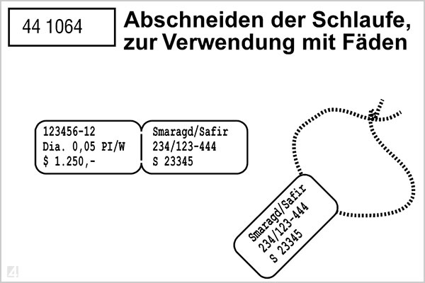 Schmuck-Etikett mit Schlaufe eingesetzt als Anhänge-Etikett mit Faden