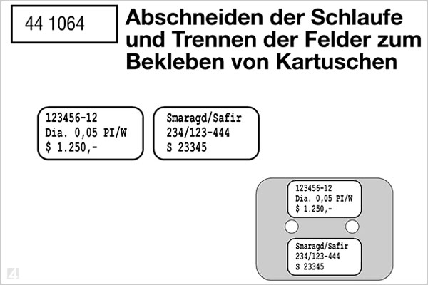 Schmuck-Etikett mit Schlaufe eingesetzt als Haftetikett Schlaufen-Etikett verwendet als Haftetikett für Schmuck-Aufmachkarten