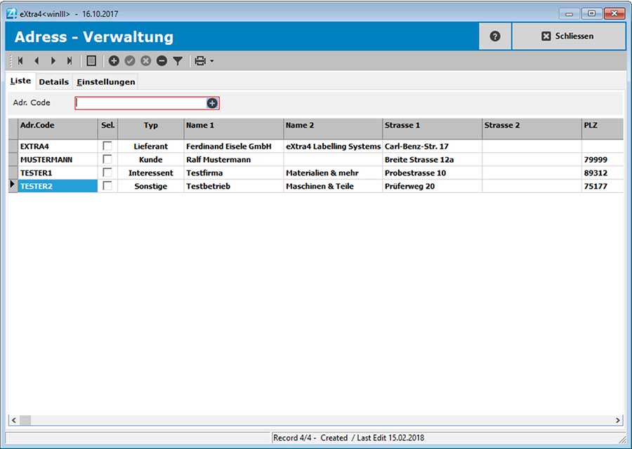 Fenster Etikettendruck-Software extra4 Screenshot Adressen-Liste der einfachen Adress-Verwaltung Fenster Etikettendruck-Software extra4 Listen-Ansicht Adressen in der einfachen Adress-Verwaltung