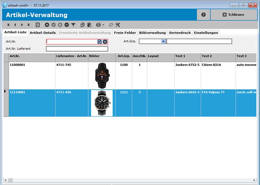 Fenster Etikettendruck-Software extra4 Screenshot Artikel-Liste der einfachen Artikel-Verwaltung Fenster Etikettendruck-Software extra4 Listen-Ansicht Artikel in der einfachen Artikel-Verwaltung