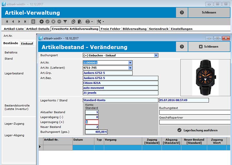 Fenster Etikettendruck-Software extra4 Screenshot Veränderung des Artikelbestands in der erweiterten Artikel-Verwaltung Fenster Etikettendruck-Software extra4 Ansicht Veränderung des Artikelbestands in der erweiterten Artikel-Verwaltung
