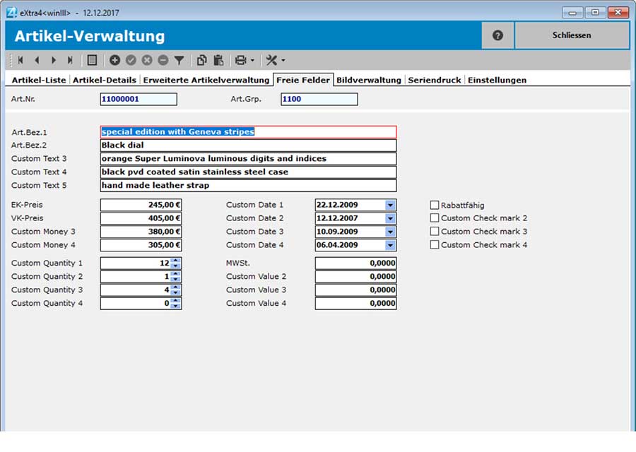 Fenster Etikettendruck-Software extra4 Screenshot freie Felder eines Artikel-Datensatzes in der erweiterten Artikel-Verwaltung Fenster Etikettendruck-Software extra4 Ansicht der freien Felder eines Artikel-Datensatzes in der erweiterten Artikel-Verwaltung