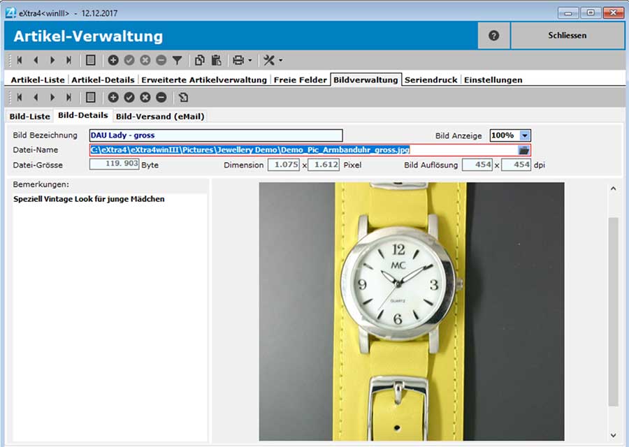 Fenster Etikettendruck-Software extra4 Screenshot der Bild-Details in der Bild-Verwaltung Fenster Etikettendruck-Software extra4 Ansicht der Bild-Details in der Bild-Verwaltung