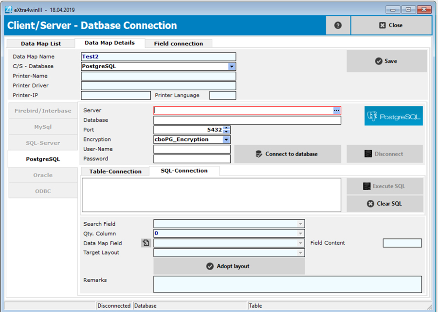 Window label printing software extra4 screenshot connection details for accessing a multi-user client/server database Window label printing software extra4 view connection details for accessing a multi-user client/server database