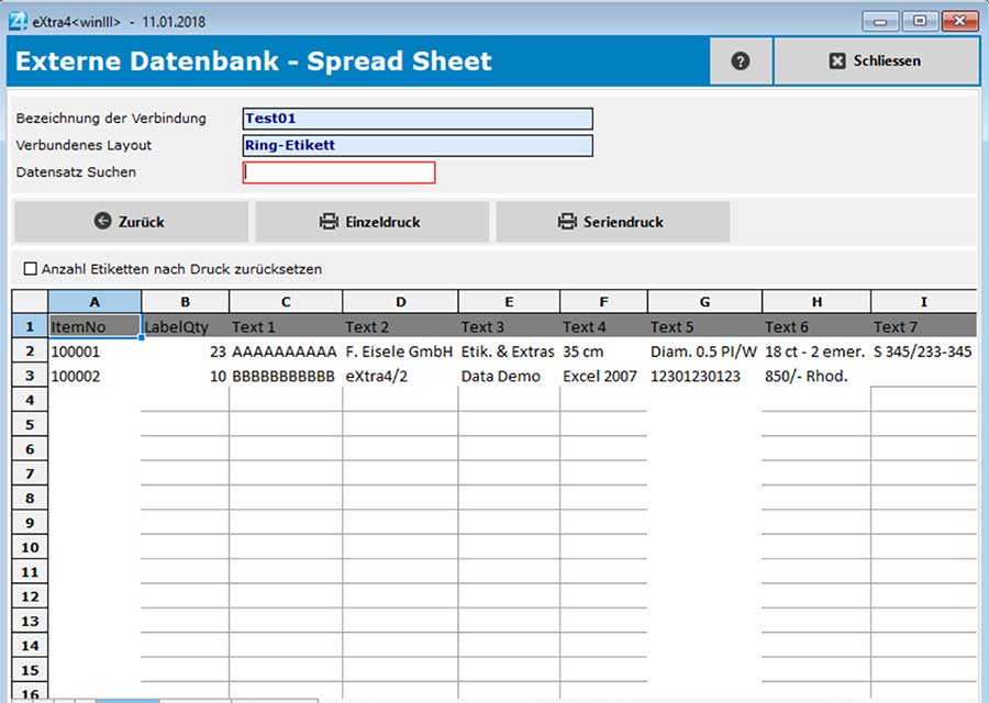 Fenster Etikettendruck-Software extra4 Screenshot Zugriff auf eine Spread-Sheet-Tabelle als Datenquelle für den Etikettendruck Fenster Etikettendruck-Software extra4 Ansicht Zugriff auf eine Spread-Sheet-Tabelle als Datenquelle für den Etikettendruck