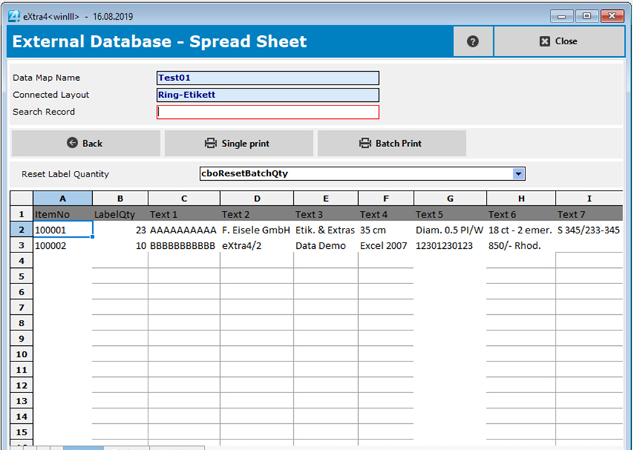 Window label printing software extra4 screenshot access to a spread sheet table as data source for label printing Window label printing software extra4 view access to a spread sheet table as data source for label printing