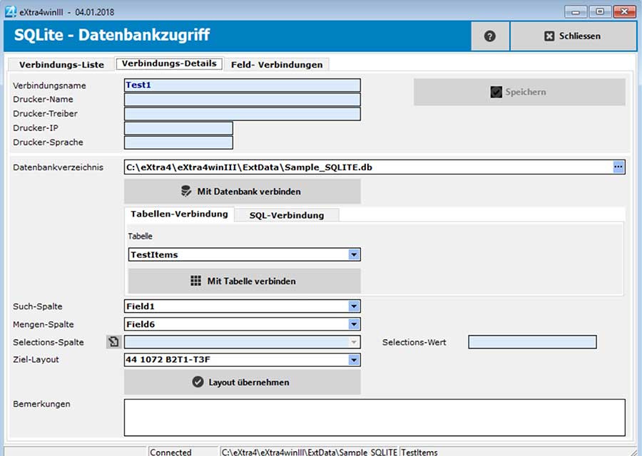 Fenster Etikettendruck-Software extra4 Screenshot Verbindungs-Details für den Zugriff auf eine lokale Datenbank Fenster Etikettendruck-Software extra4 Verbindungs-Details für den Zugriff auf eine lokale Datenbank