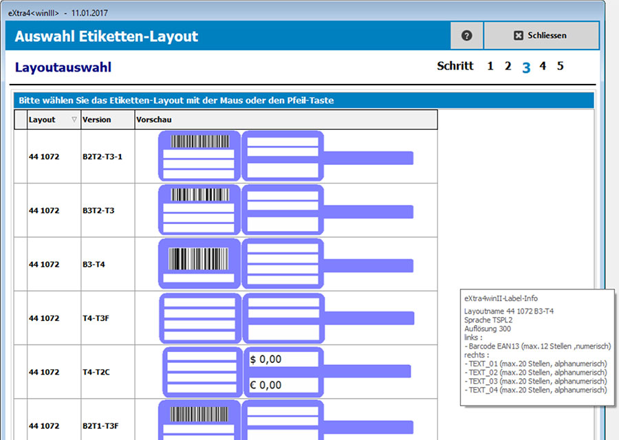 Fenster etikettendruck-software extra4 Liste Auswahl Etiketten-Layout Fenster etikettendruck-software extra4 Liste Auswahl Etiketten-Layout