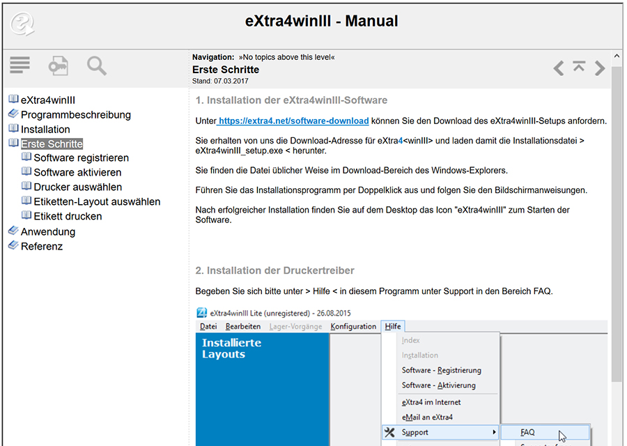 Fenster etikettendruck-software extra4 Hilfe-Funktion