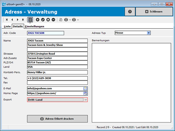 Fenster integrierte Adressverwaltung zur Zuordnung von Vorgängen in der eXtra4 Stein-Verwaltung Fenster integrierte Adressverwaltung zur Zuordnung von Vorgängen in der eXtra4 Edelstein-Verwaltung