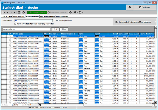 Fenster Stein-Verwaltungs-Software eXtra4<gemID> Filtermöglichkeiten ArtSuche Volltext unten lyte