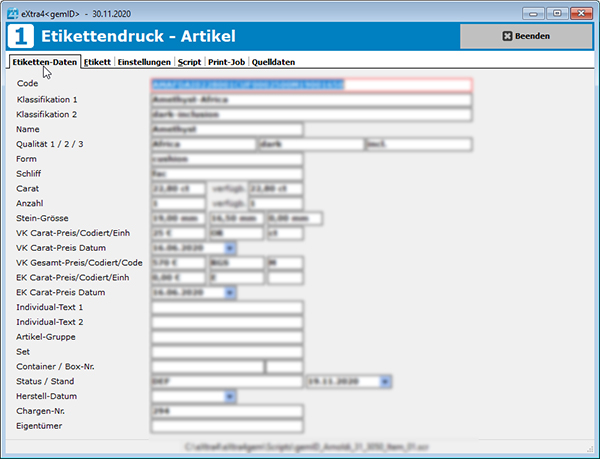 Artikel-Codierung Artikel Etikett Datenbereitstellung 01