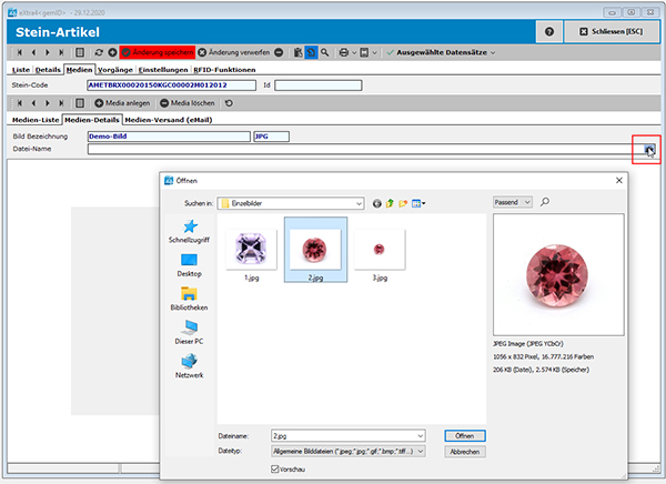 Fenster Übersicht Medien zu einem Stein-Artikel verfügbare Medien zu einem Stein-Artikel