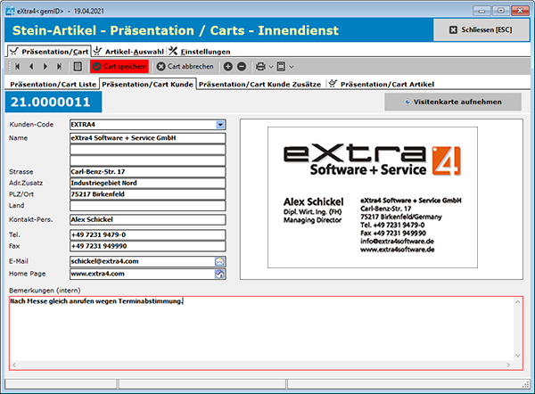 Anlage eines Carts unter einer Adresse per Visitenkarten-Foto Anlage eines Carts unter einer Adresse per Visitenkarten-Foto