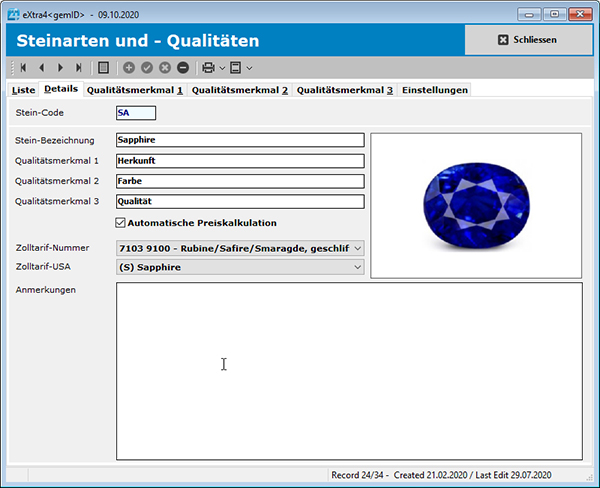 Steinverwaltung Qualitäten Steinarten Details 01