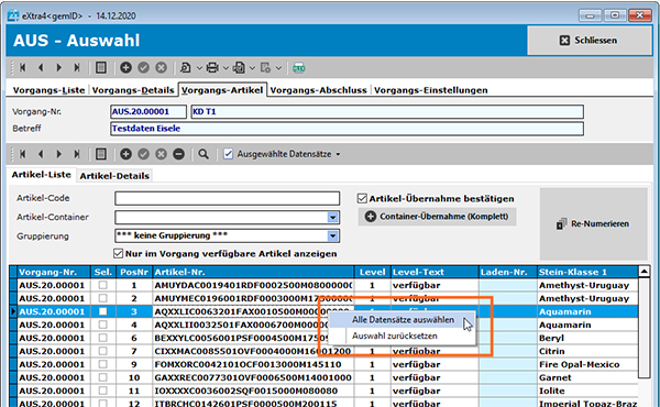 Artikel-Liste eines Auswahl-Vorgangs Fenster Artikel-Liste eines Auswahl-Vorgangs