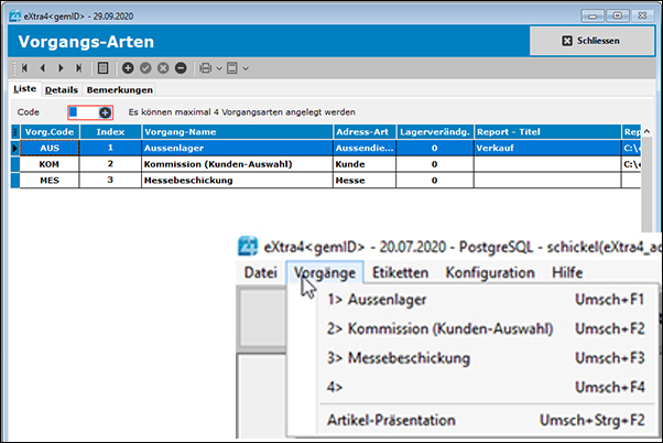 Fenster Vorgangs-Arten in der Edelstein-Verwaltung eXtra4 Vorgangsarten Kombi